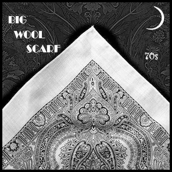 Large Wool Scarf Black White Jacobean Paisley, 70s Vintage Old Money Core - Picture 1 of 16
